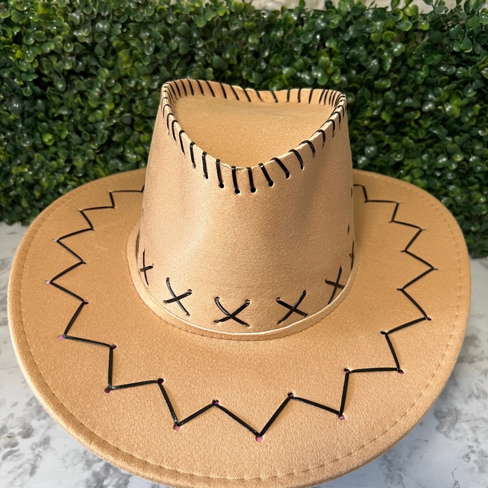 Tan Cowboy Hat with Black Stitching